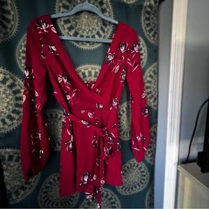 Floral red romper with waist tie belt